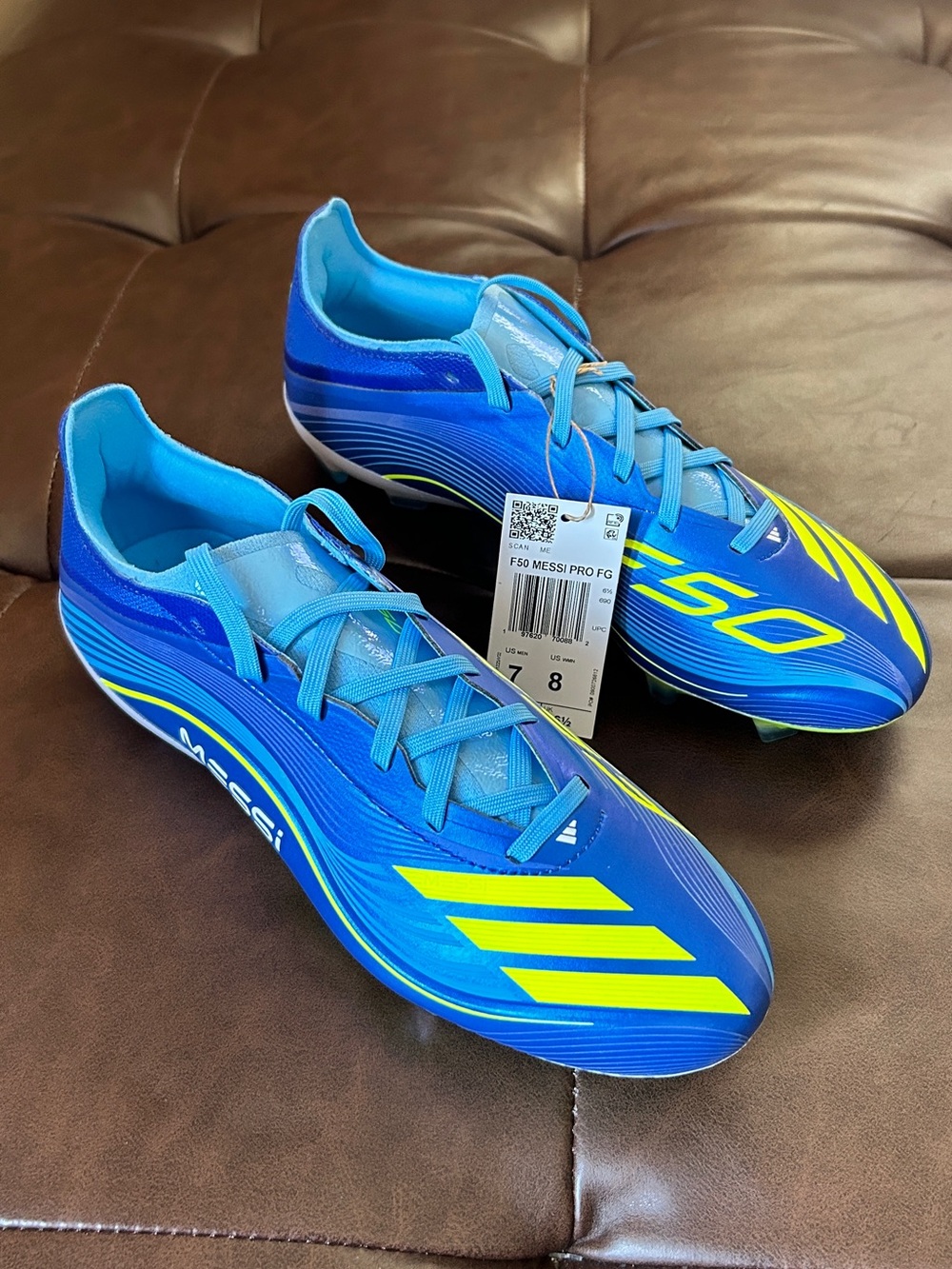 adidas men’s F50 Messi Pro FG Blue Soccer Cleats with Neon Yellow Accents
